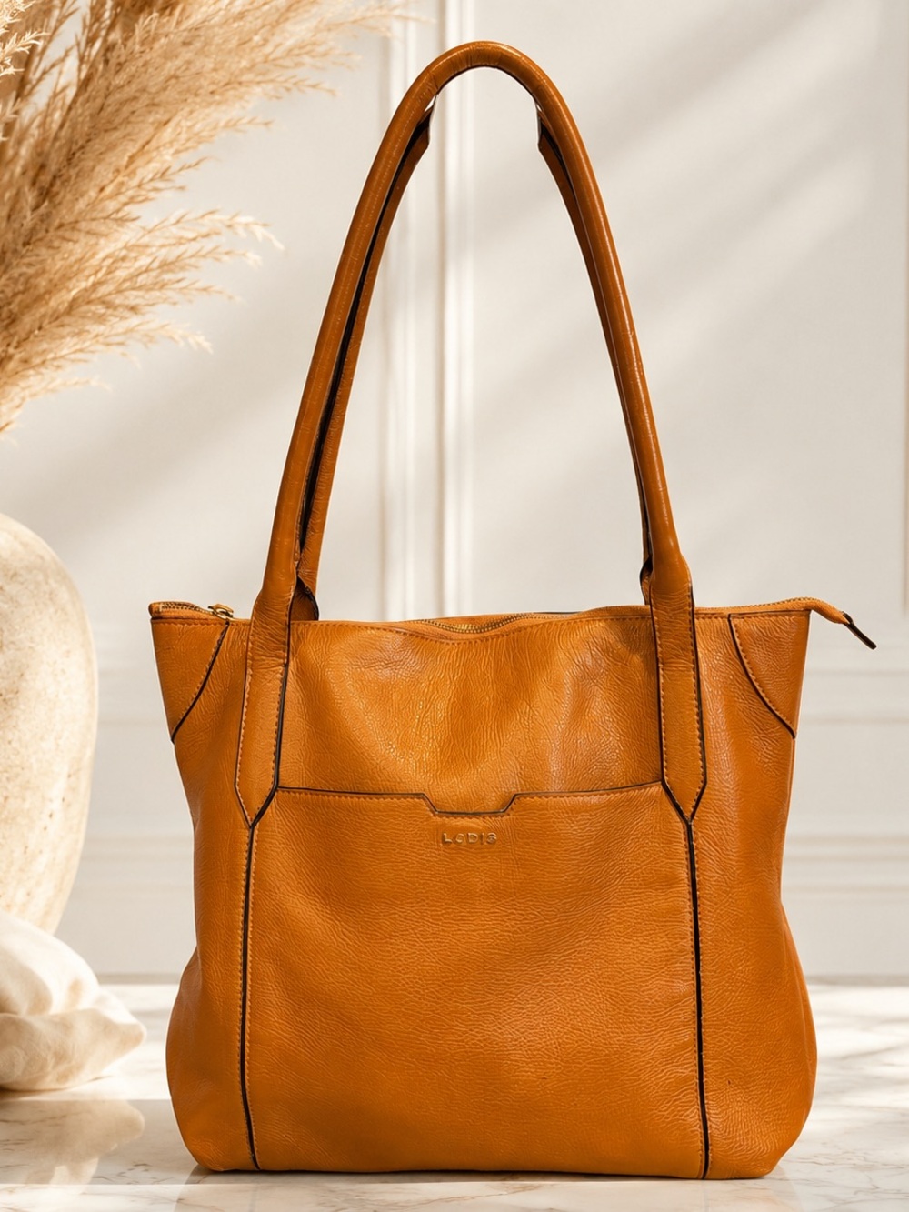 Lodis Vintage Y2K Leather Tote Bag Cognac Brown Shoulder Purse Soft Leather